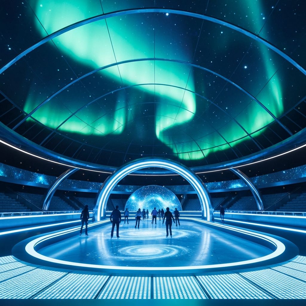 Nighttime rink with aurora borealis projections on the dome ceiling