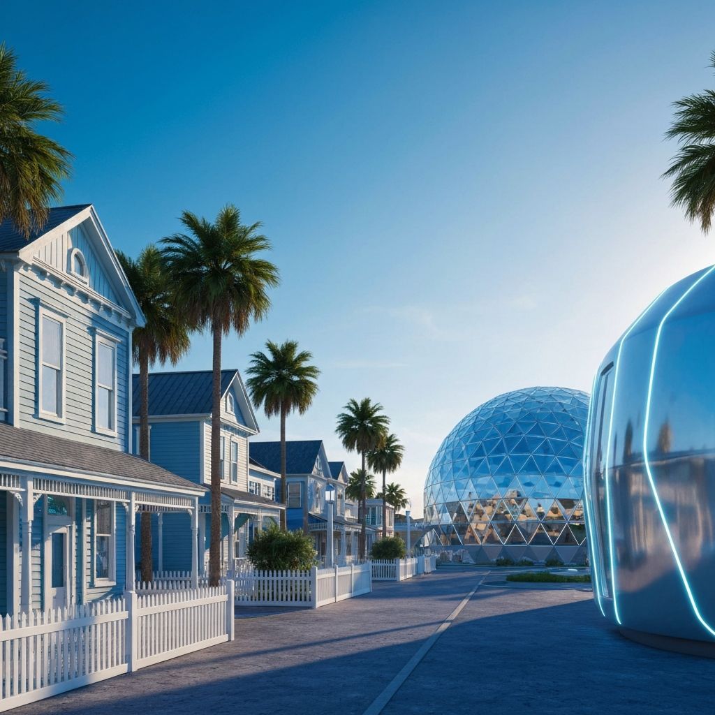 Daytime view blending Biloxi heritage architecture with futuristic pods