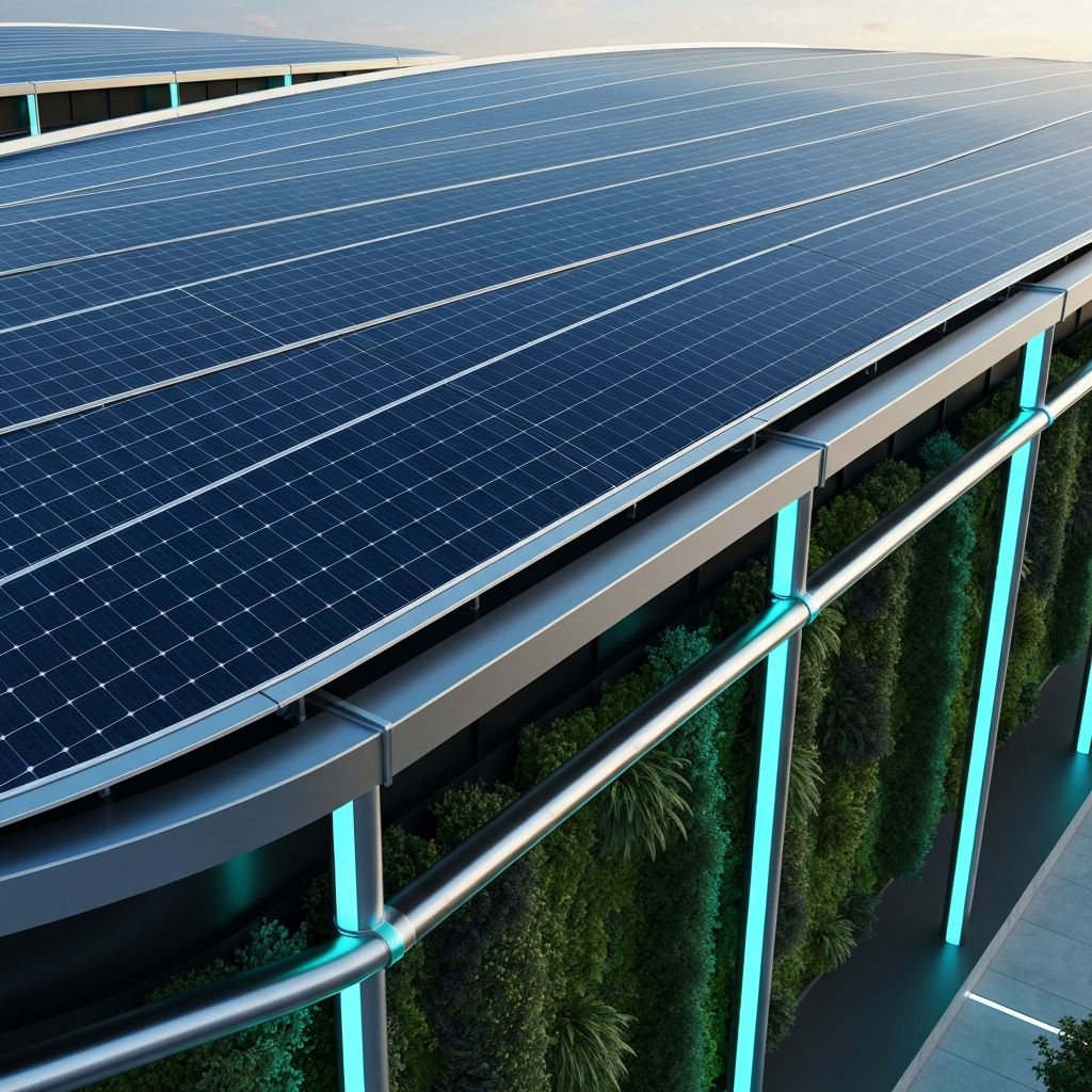 Solar panels and sustainable technology integrated into futuristic architecture