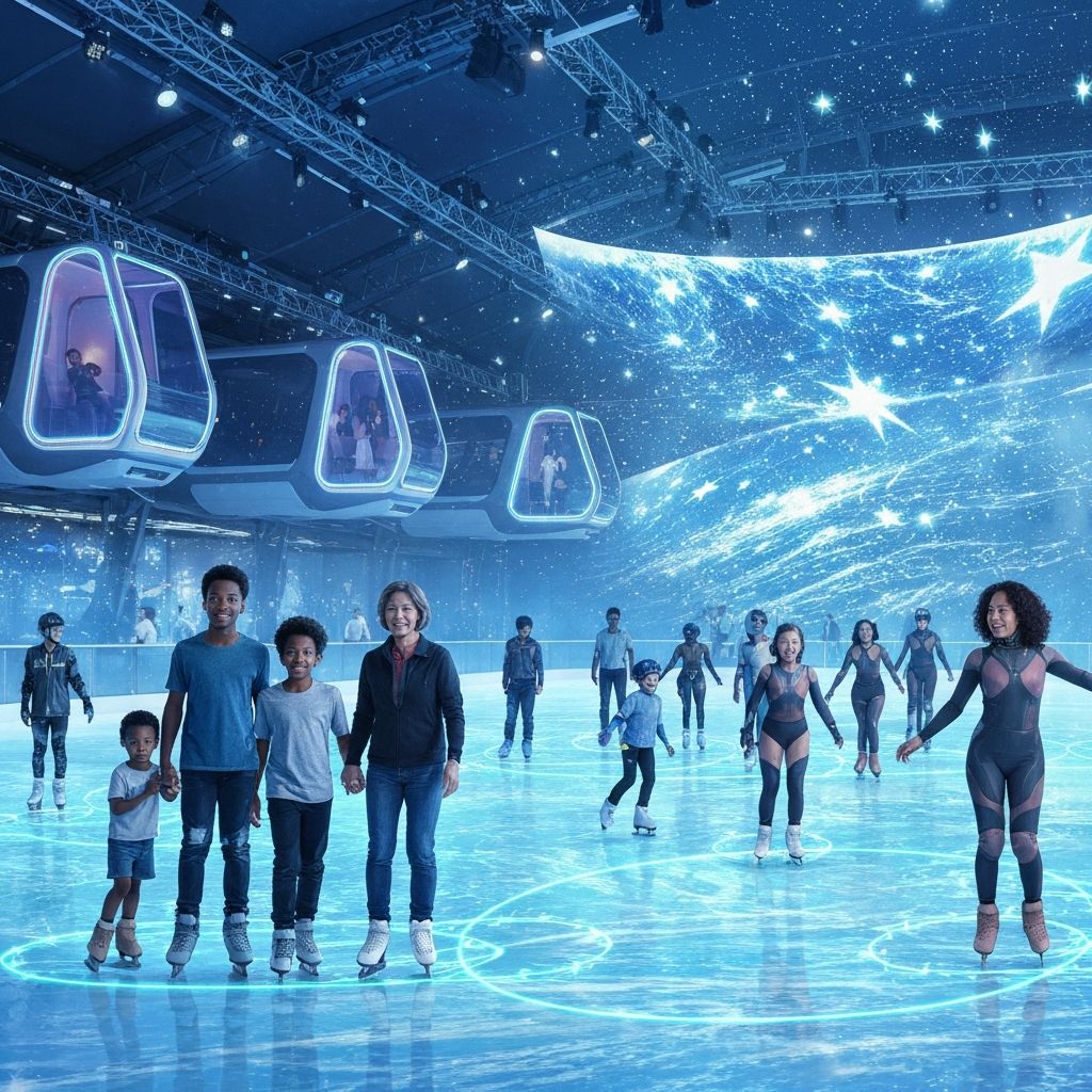 Skaters in futuristic gear with holographic projections of stars and waves