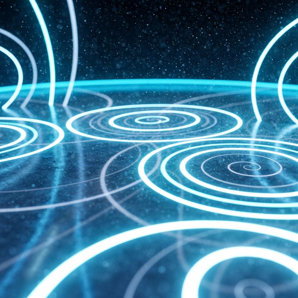 AI-controlled lighting creating portal-like effects on the floor