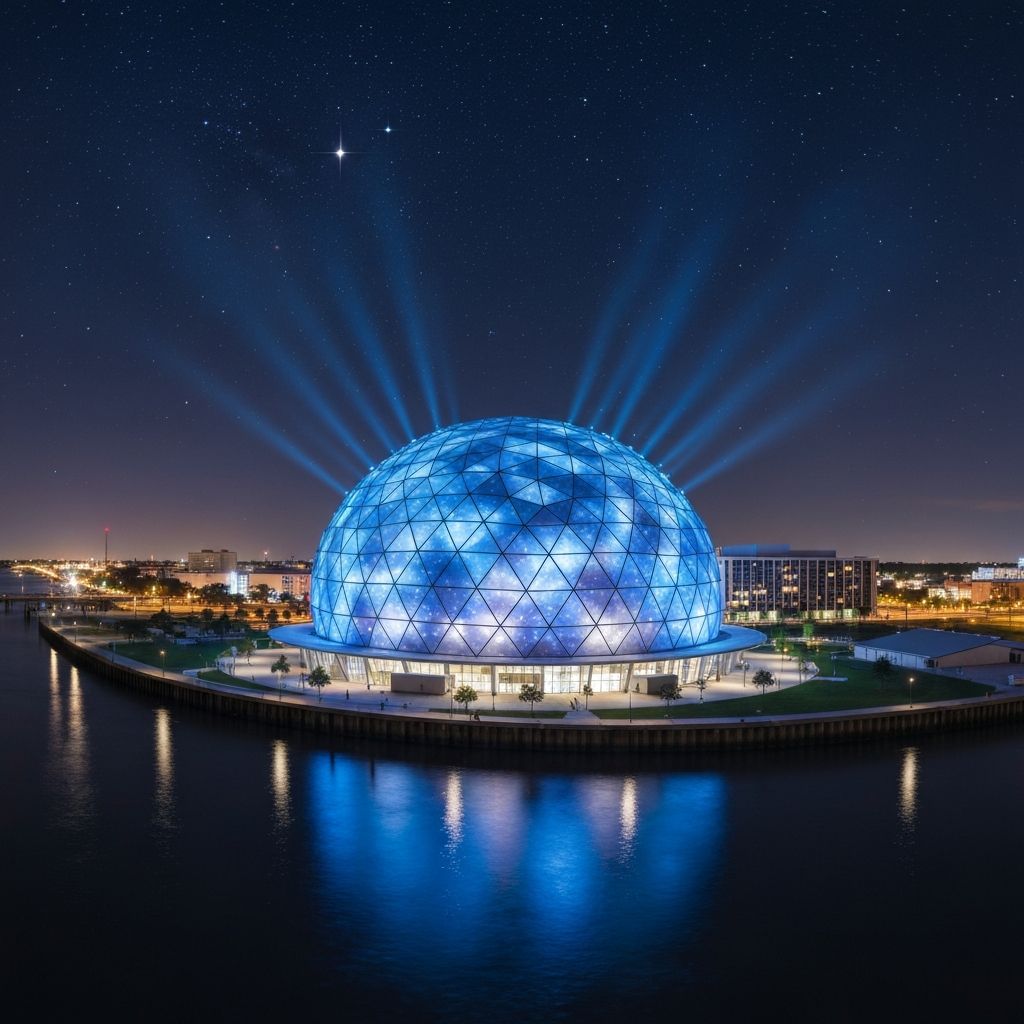Harper Horizon Rink glowing against the Mississippi skyline
